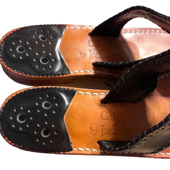 Jack Rogers Calypso Black Whipstitch Leather T-strap Sandals Size 8 - Picture 2 of 8